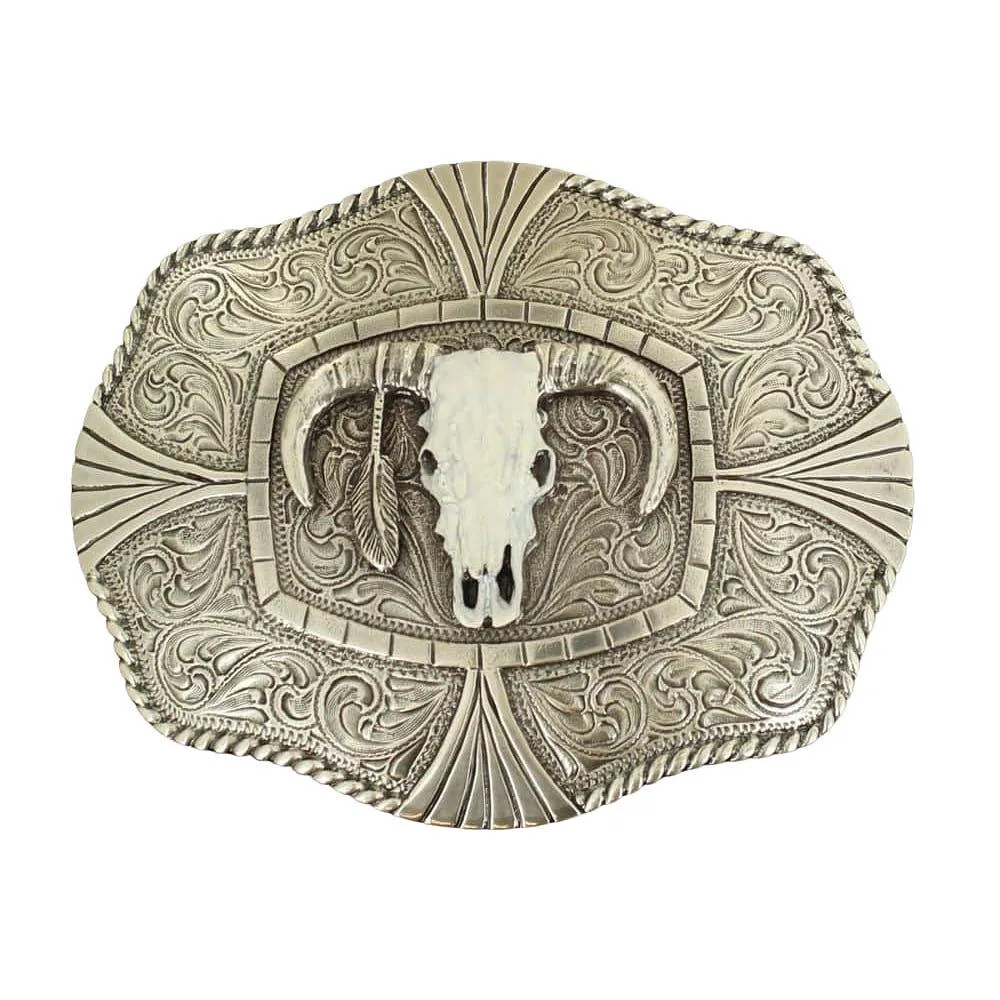 Silver with White Skull Rectangle Belt Buckle
