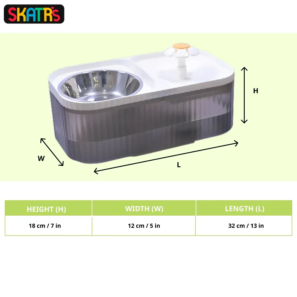 Skatrs Water Fountain with Food Bowl & Adapter for Dogs and Cats (Grey/White) - Image 2