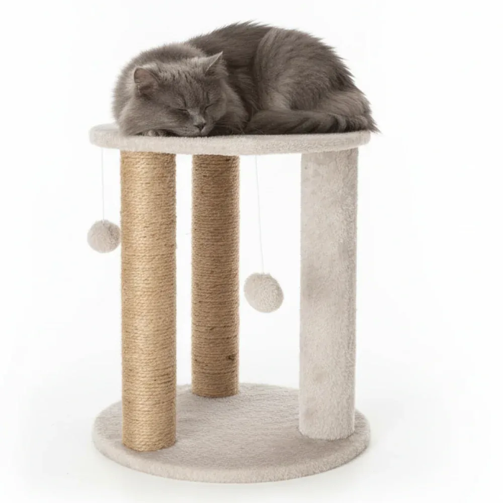 Skatrs Whisker Wonderland Circular Three Scratching Post with Hanging Pom Pom Cat Tree Toy (Grey)
