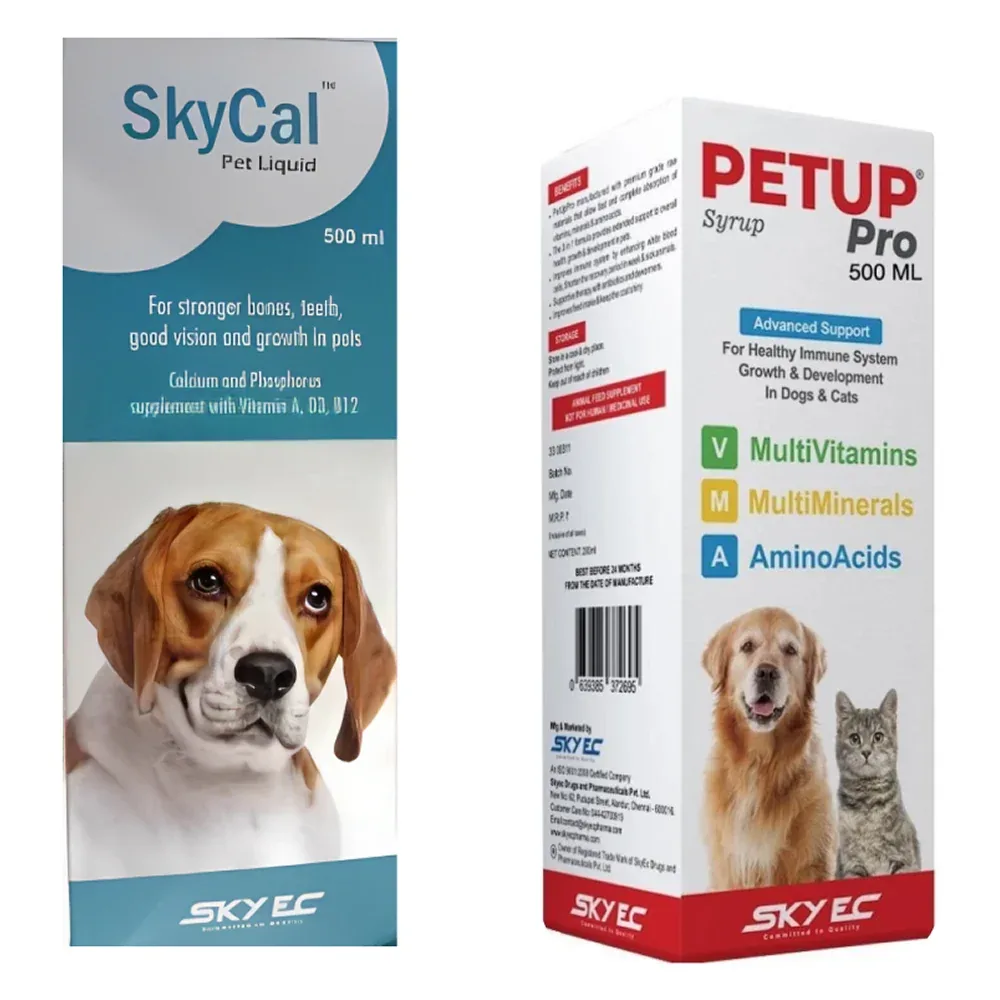 Skyec Sky Cal Calcium Supplement Syrup (500ml) and Petup Pro Syrup (500ml) for Dogs and Cats Combo
