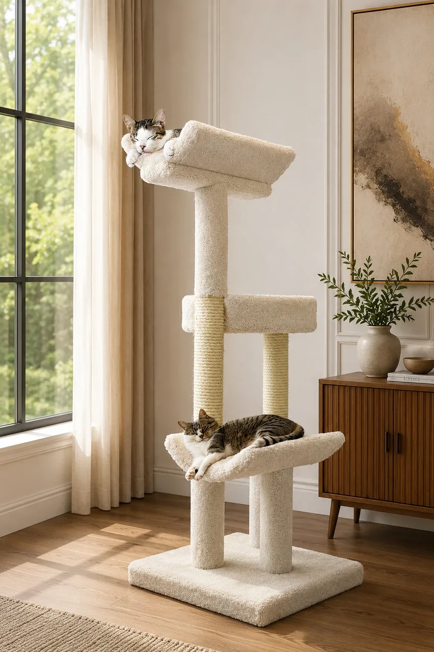 Solid Wood Cat Scratching Tower with Double Scratching Posts for Large Cats