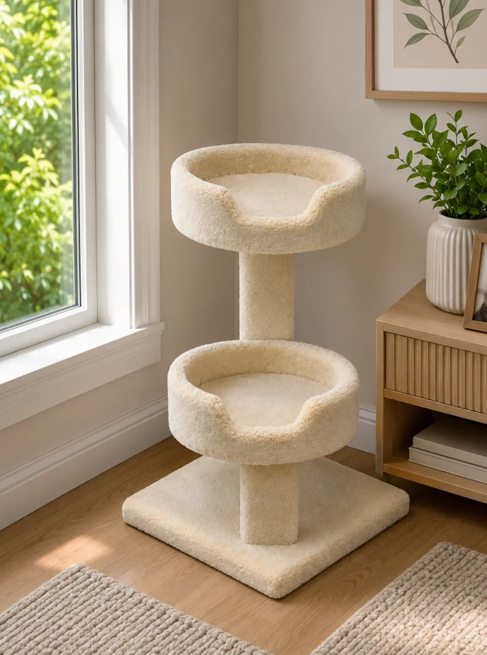 Solid-Wood Large Cat Sleeper | Plush Carpeted Indoor Cat Bed & Tower