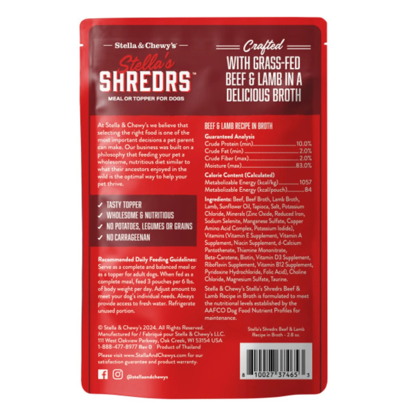 Stella's Shredrs Grass Fed Beef & Lamb Recipe in Broth for Dogs - 2.8 oz Pouch - Image 2