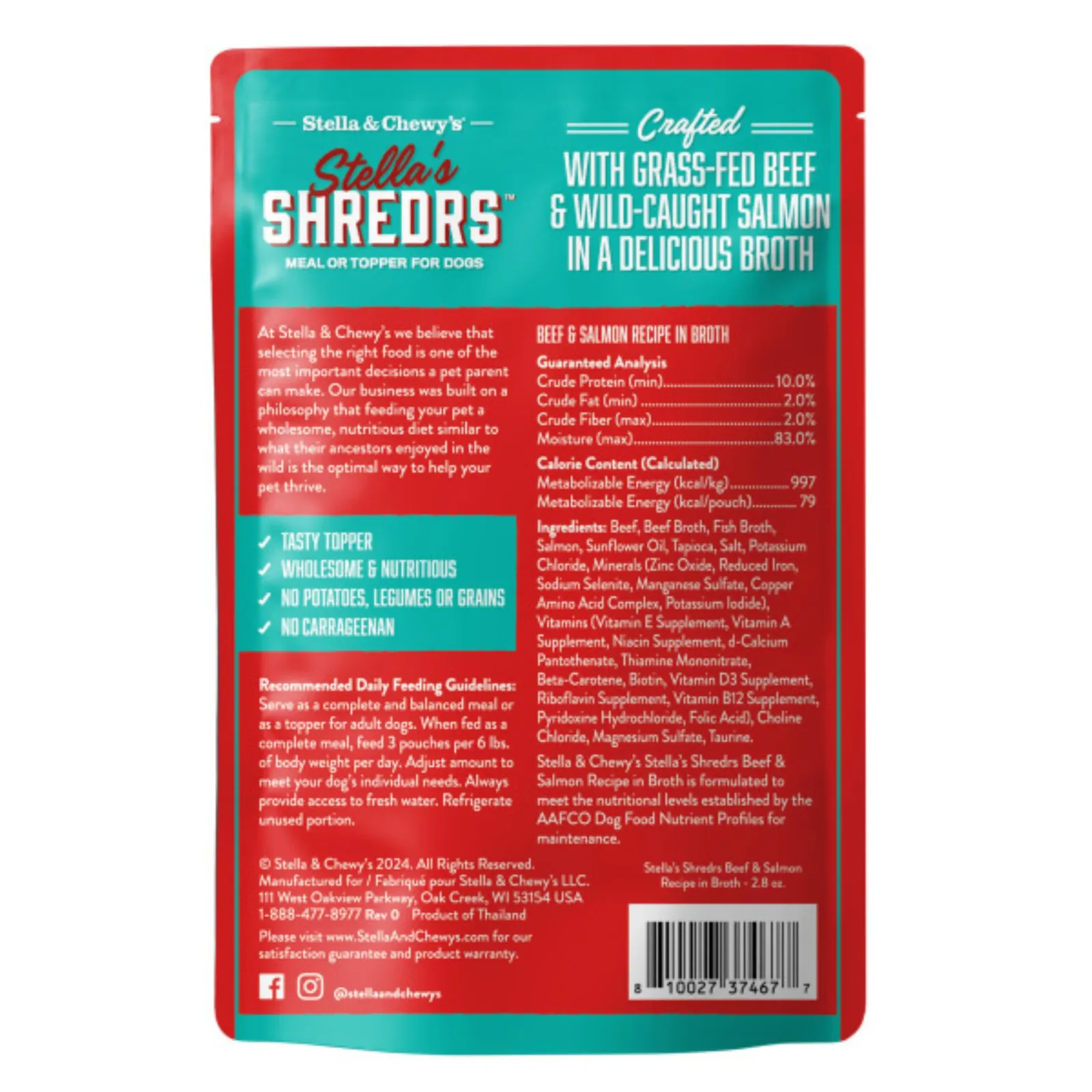 Stella's Shredrs Grass Fed Beef & Wild Caught Salmon Recipe in Broth for Dogs - 2.8 oz Pouch - Image 2