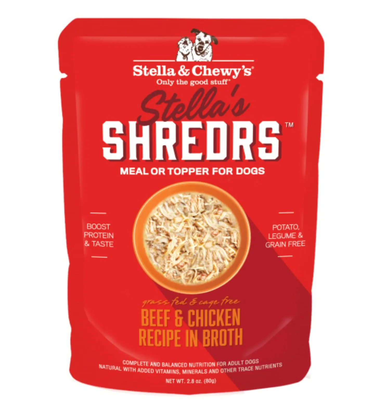 Stella's Shredrs Grass Fed & Cage Free Beef & Chicken Recipe in Broth for Dogs - 2.8 oz. Pouch