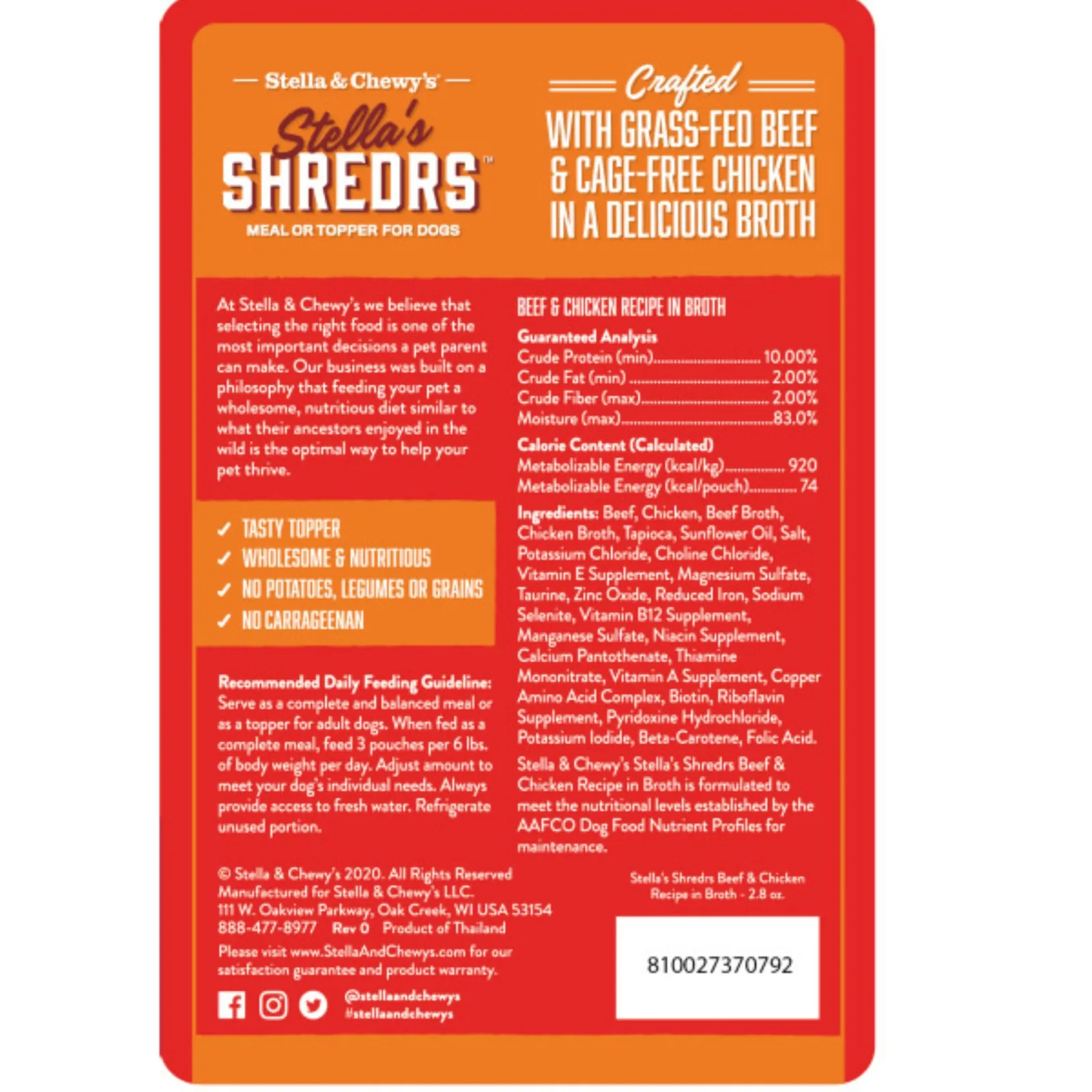 Stella's Shredrs Grass Fed & Cage Free Beef & Chicken Recipe in Broth for Dogs - 2.8 oz. Pouch - Image 2