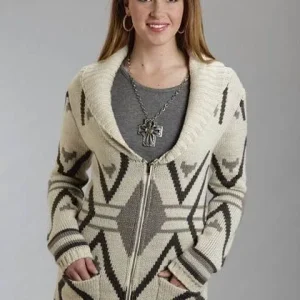Stetson Ladies Aztec Intarsia Zipper Cardigan L Br