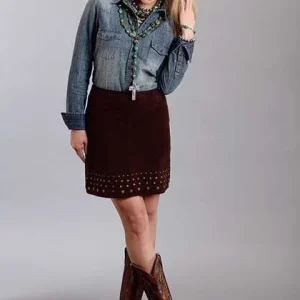 Stetson Ladies Suede Lamb Skirt With Nailheads 10 Brn