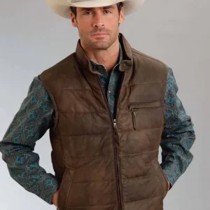 Stetson Men's Leather Puffy Vest - Brown Large Bro