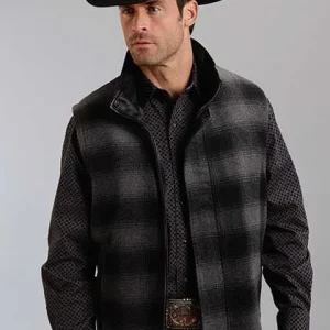 Stetson Mens Plaid Wool Blend Vest - Black/Grey