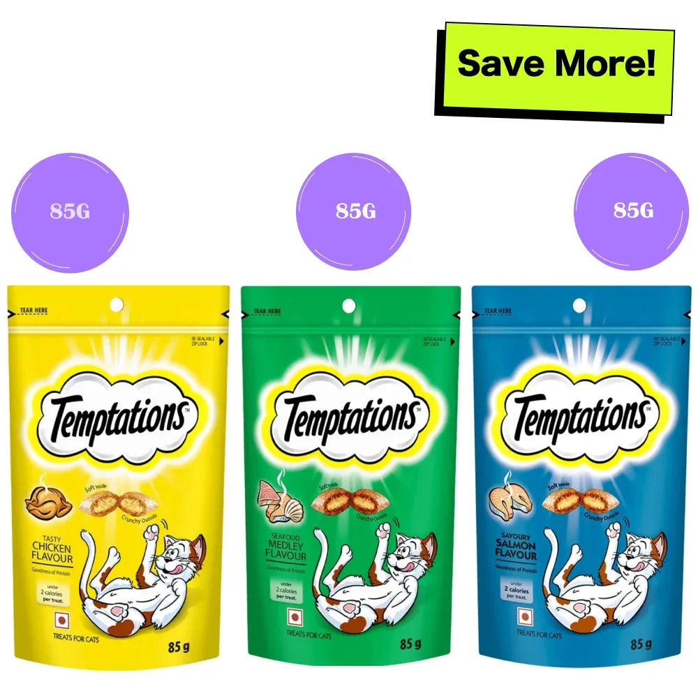 Temptations Savoury Salmon, Seafood Medley and Tasty Chicken Flavour Cat Treats Combo