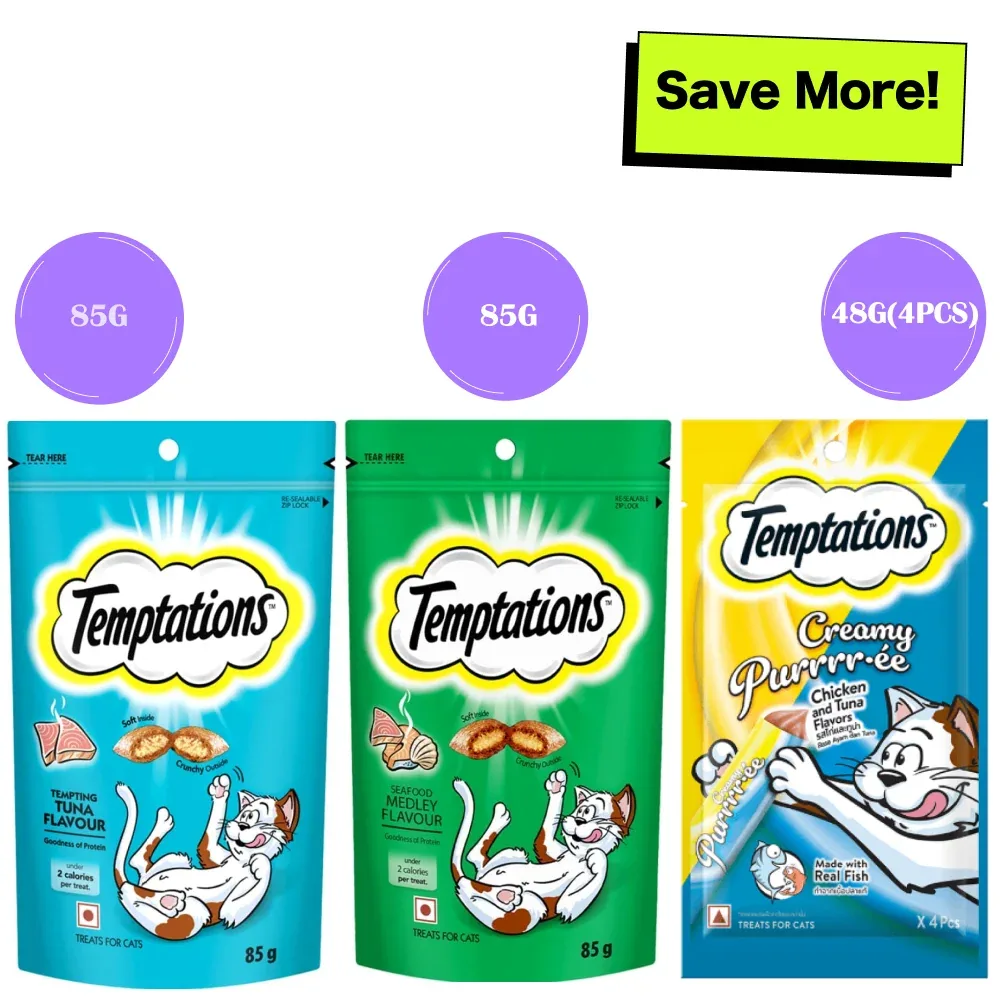 Temptations Seafood Medley Flavour, Tempting Tuna Flavour and Creamy Purrrr ee Chicken & Tuna Cat Treats Combo