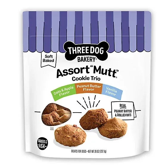 Three Dog Bakery Assortment Mutt Cookie Trio Variety Pack Soft Baked Dog Treats, 26 oz.