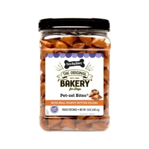 Three Dog Bakery Crunchy Pet-zel Bites with Peanut Butter Filling, Premium Treats for Dogs, 24 Ounce Resealable Container