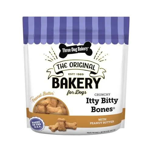 Three Dog Bakery Itty Bitty Bones Baked Dog Treats, Peanut Butter, 32 oz, (320123)