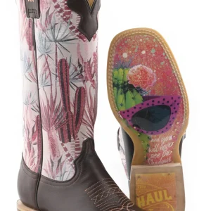 Tin Haul Ladies Square Toe Boots - Pinktalicious with Cactus Shades Sole