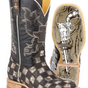Tin Haul Mens Gunmetal Check Square Toe Boots