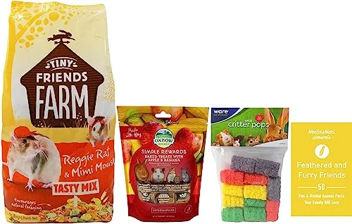 Tiny Friends Farm Reggie Rat & Mimi Mouse Tasty Mix Food (2 Lbs) and Simple Rewards Treats (3 Ounces) – Plus Chews and Fun Animal Facts Booklet Bundle