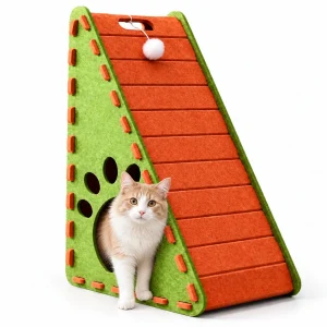 Triangular Felt Cat Activity House – 4-in-1 Scratcher, Climber, Hideaway & Play Toy
