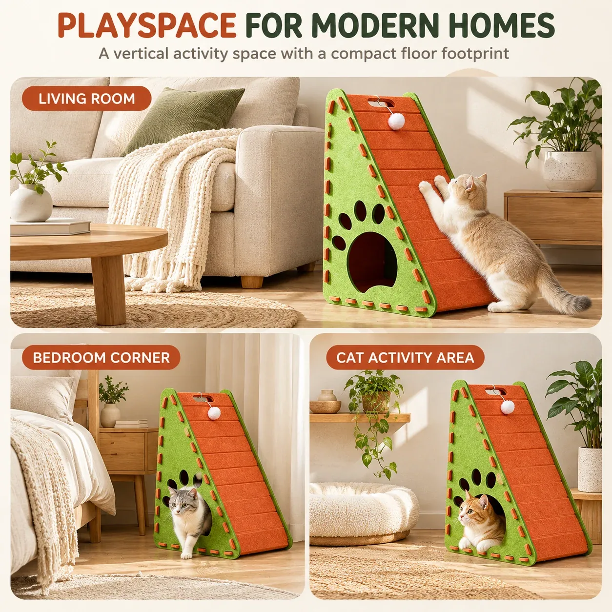Triangular Felt Cat Activity House – 4-in-1 Scratcher, Climber, Hideaway & Play Toy - Image 2