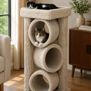 Triple Tunnel Cat Tree for Large Cats | Solid Wood Cat Tower