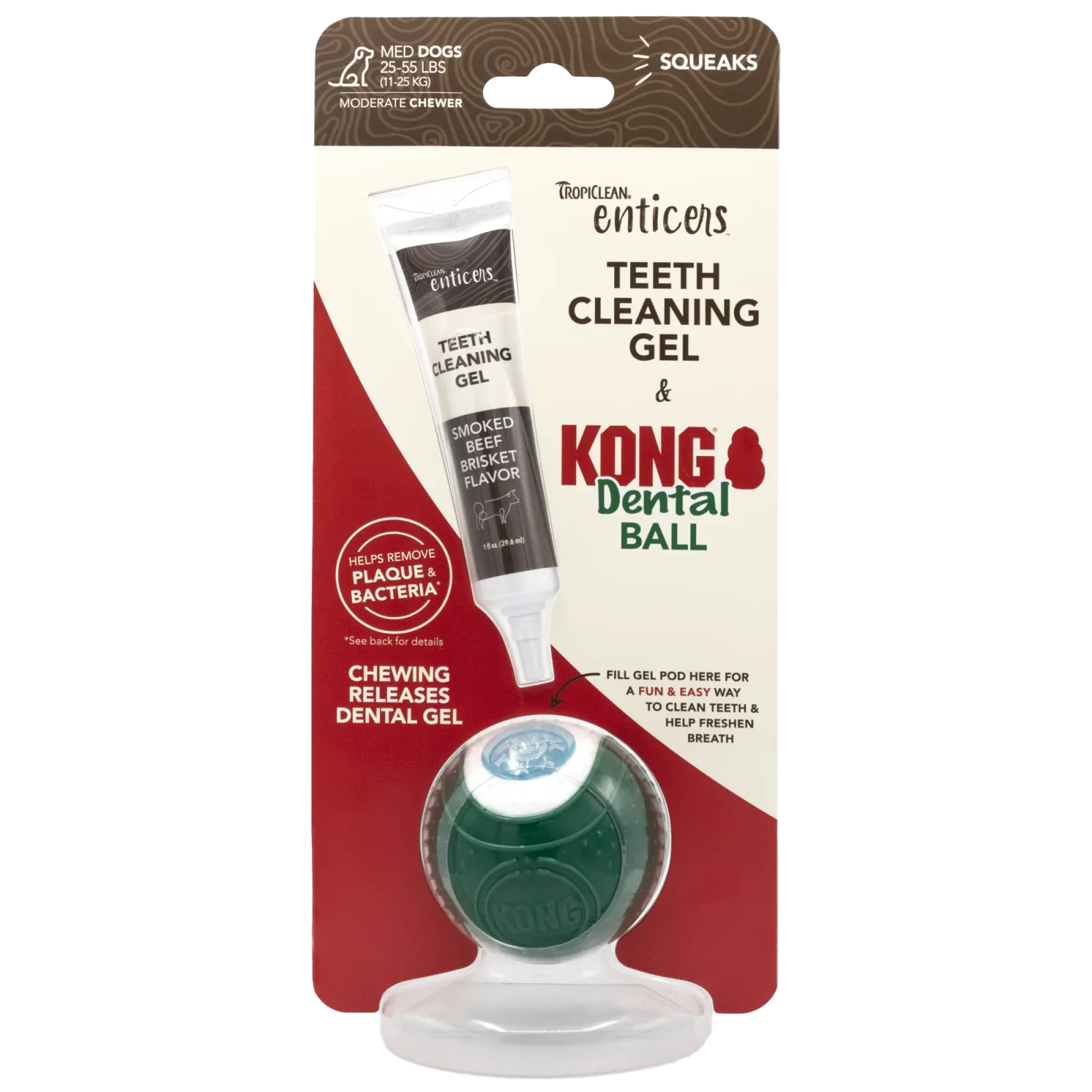 TropiClean Enticers Teeth Cleaning Gel & KONG Dental Ball Beef Brisket 1 oz, Medium