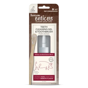 TropiClean Enticers Teeth Cleaning Gel & Toothbrush for Dogs Hickory Smoked Bacon 2 oz, Large