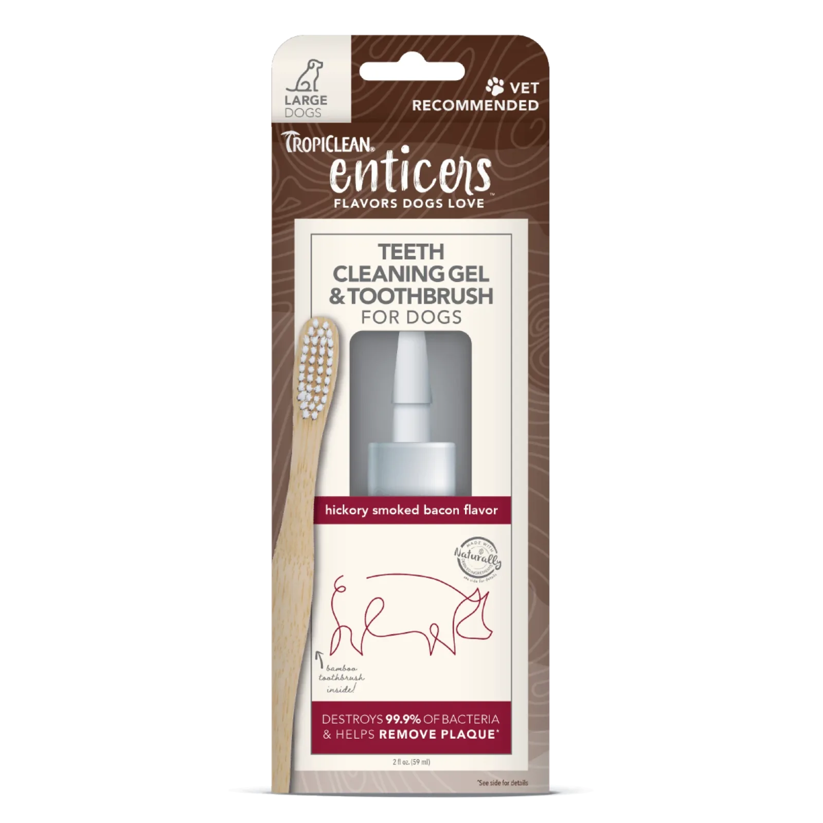 TropiClean Enticers Teeth Cleaning Gel & Toothbrush for Dogs Hickory Smoked Bacon 2 oz, Large