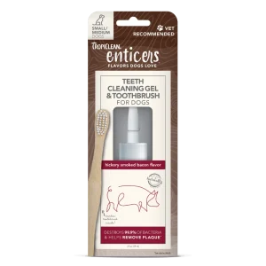 TropiClean Enticers Teeth Cleaning Gel & Toothbrush for Dogs Hickory Smoked Bacon 2 oz, Small/Medium