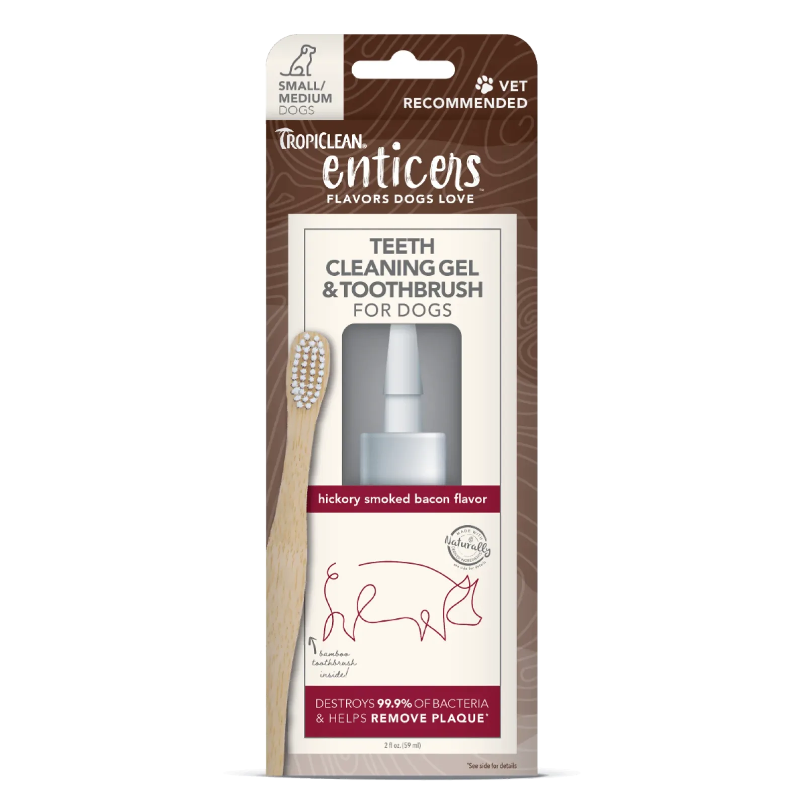 TropiClean Enticers Teeth Cleaning Gel & Toothbrush for Dogs Hickory Smoked Bacon 2 oz, Small/Medium