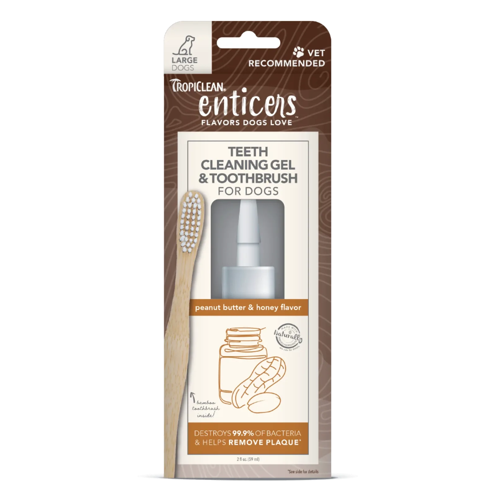 TropiClean Enticers Teeth Cleaning Gel & Toothbrush for Dogs Peanut Butter & Honey 2 oz, Large