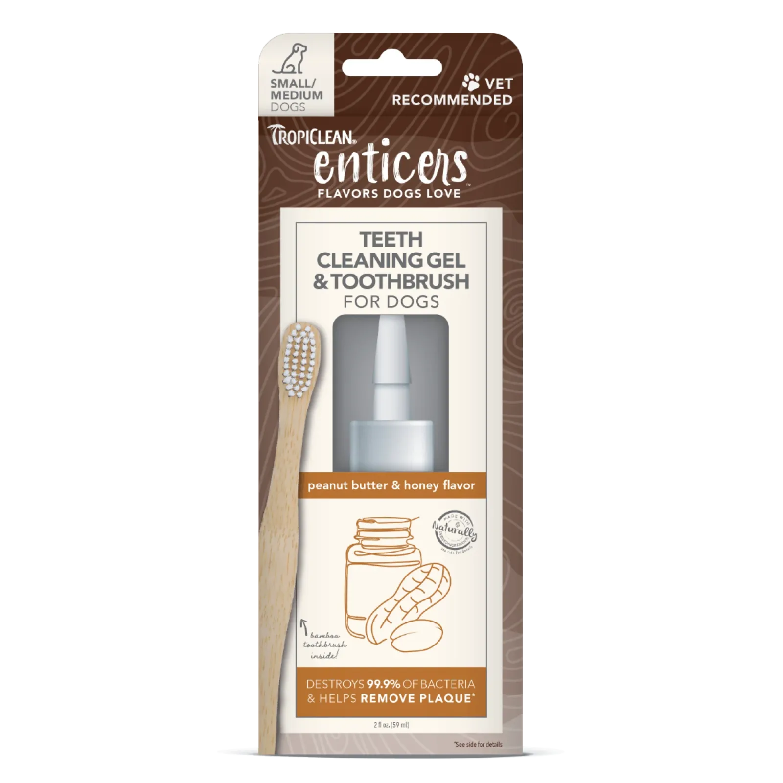TropiClean Enticers Teeth Cleaning Gel & Toothbrush for Dogs Peanut Butter & Honey 2 oz, Small/Medium