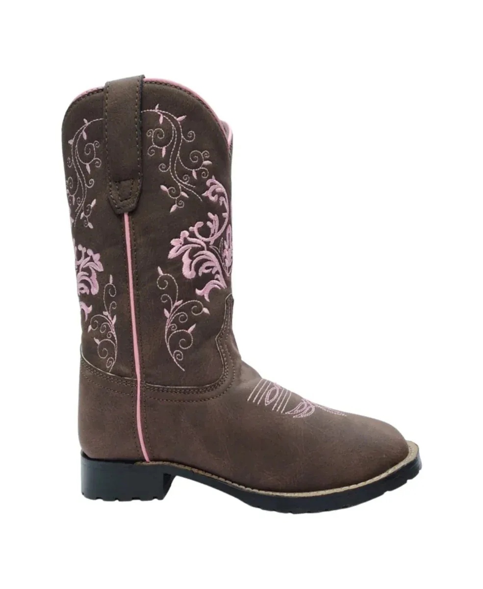 TuffRider Children's Glacier Square Toe Western Boot- Mocha with Pink- 10C