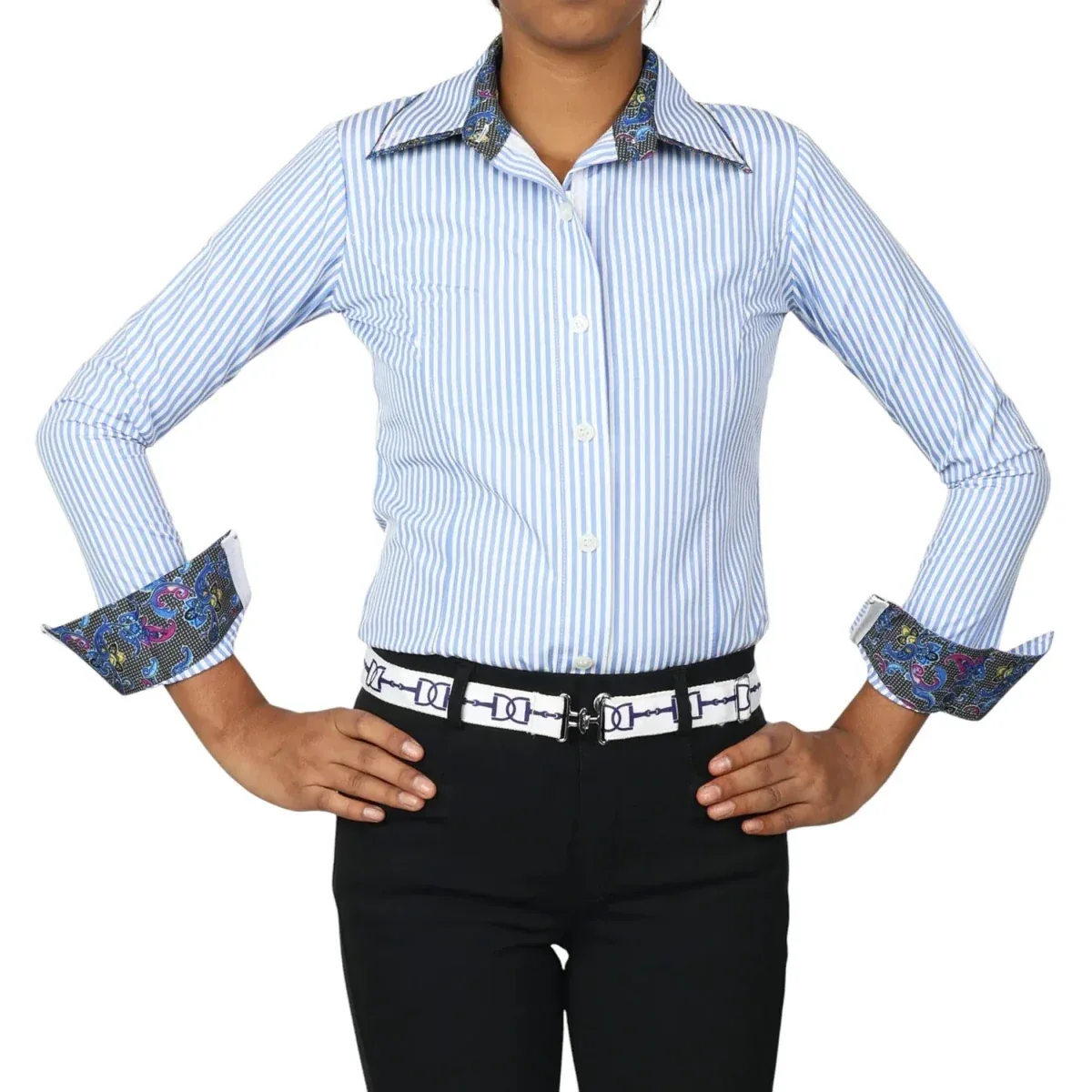 TuffRider Girls ADEY Double Collar Stripe Shirt-Blue-Large