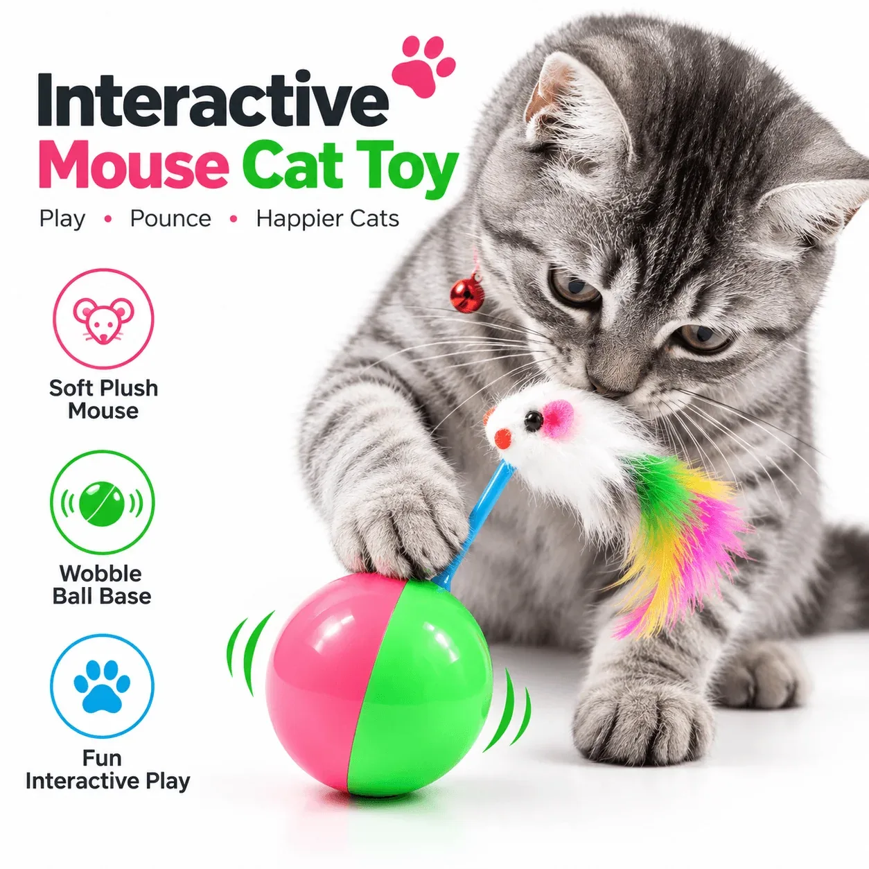 Tumbler Mouse Cat Toy – Wobble Interactive Toy with Sound & Feathers - Image 2