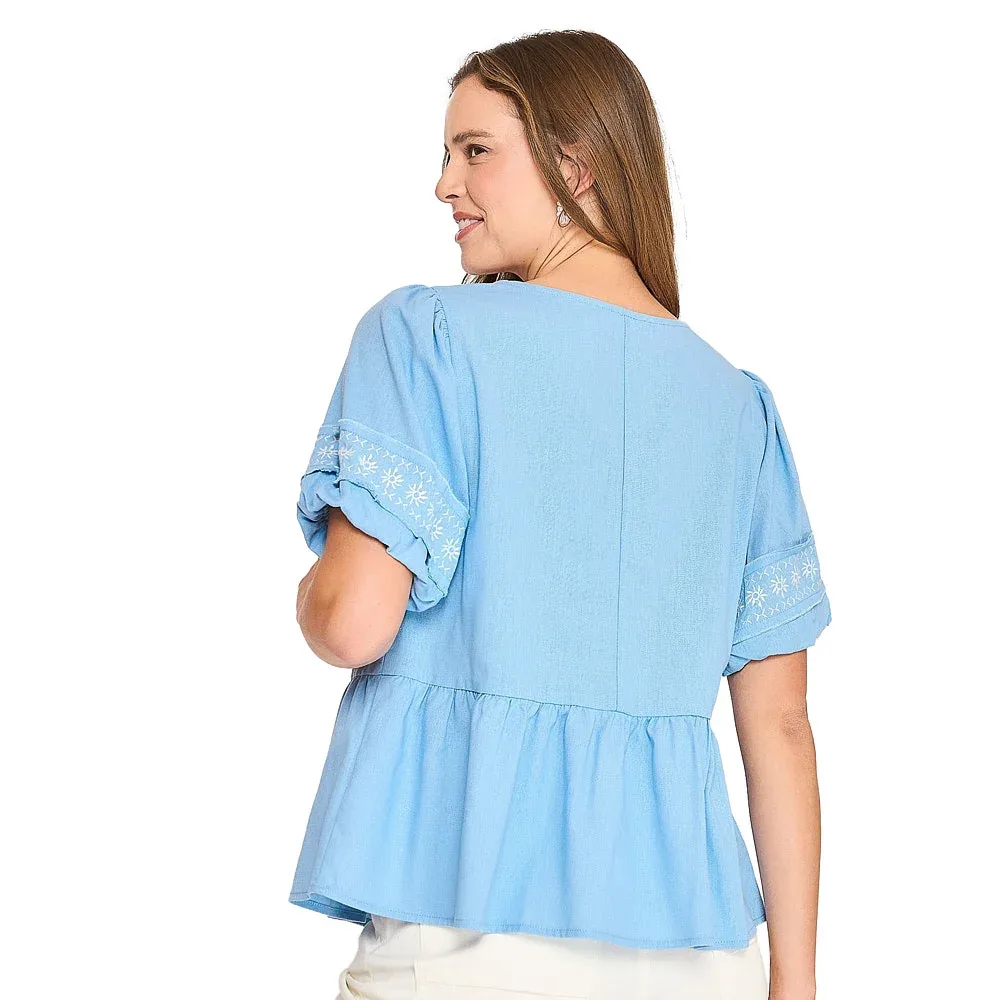 Umgee Usa Inc. Women's Chambray Embroidered Peplum Top - Image 2