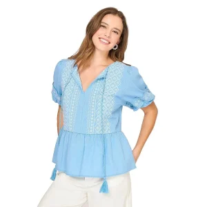 Umgee Usa Inc. Women's Chambray Embroidered Peplum Top