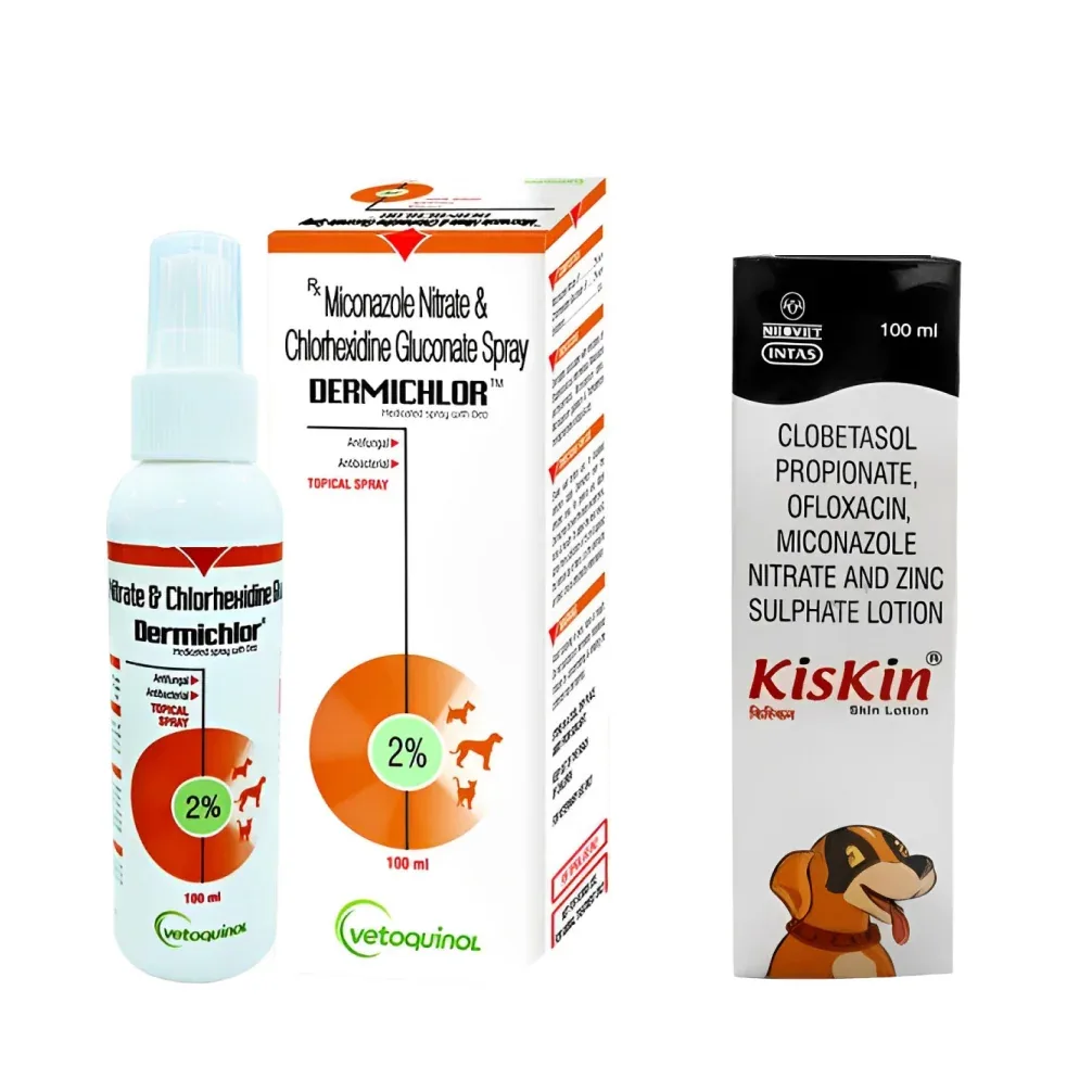Vetoquinol Dermichlor Spray (100ml) and Intas Kiskin Lotion for Dogs and Cats (100ml) Combo