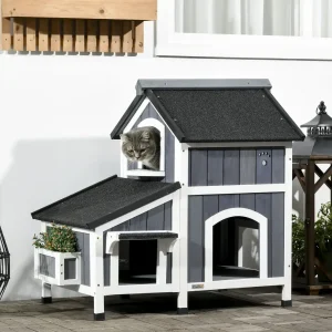 VEVOR Outdoor Cat House 2-story Wooden Feral Cat Shelter with Roof & Door Flaps