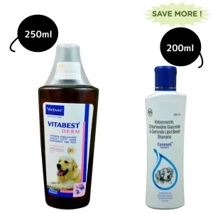 Virbac Vitabest Derm Omega 3+6 Syrup (250ml) and Intas Conaseb Shampoo (200ml) for Dogs & Cats Combo
