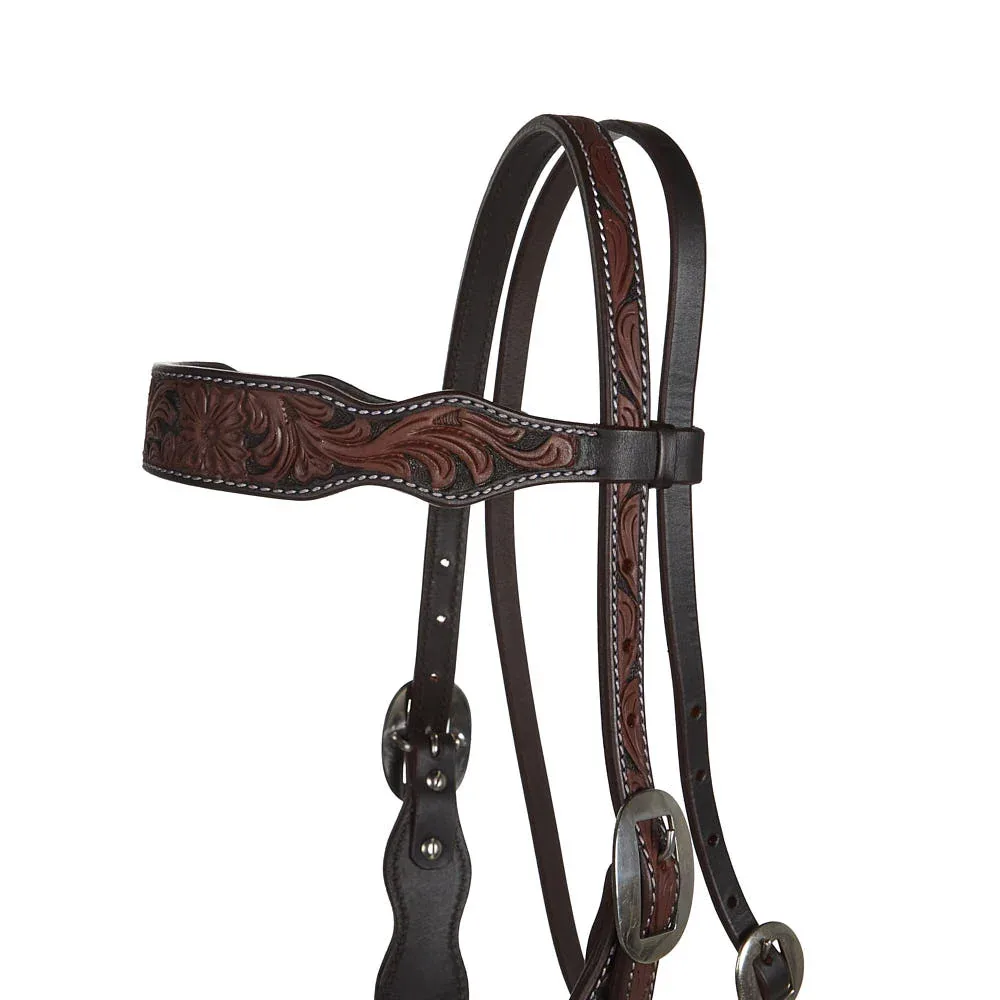 WD Tack Heavy Oiled Floral Tooled Browband Headstall - Image 2