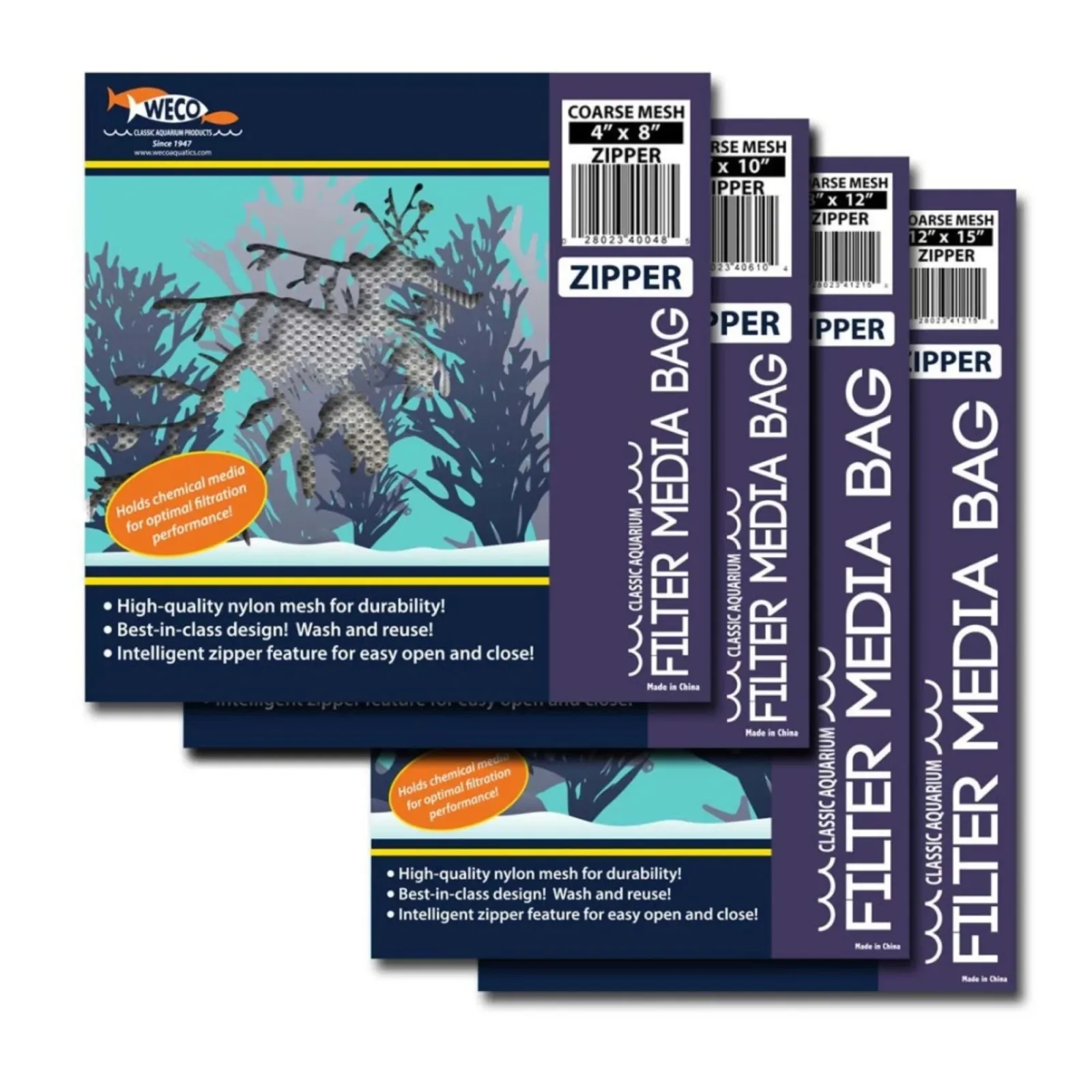 Weco Products Coarse Mesh Zipper Aquarium Filter Media Bag, White, 12 in x 15 in