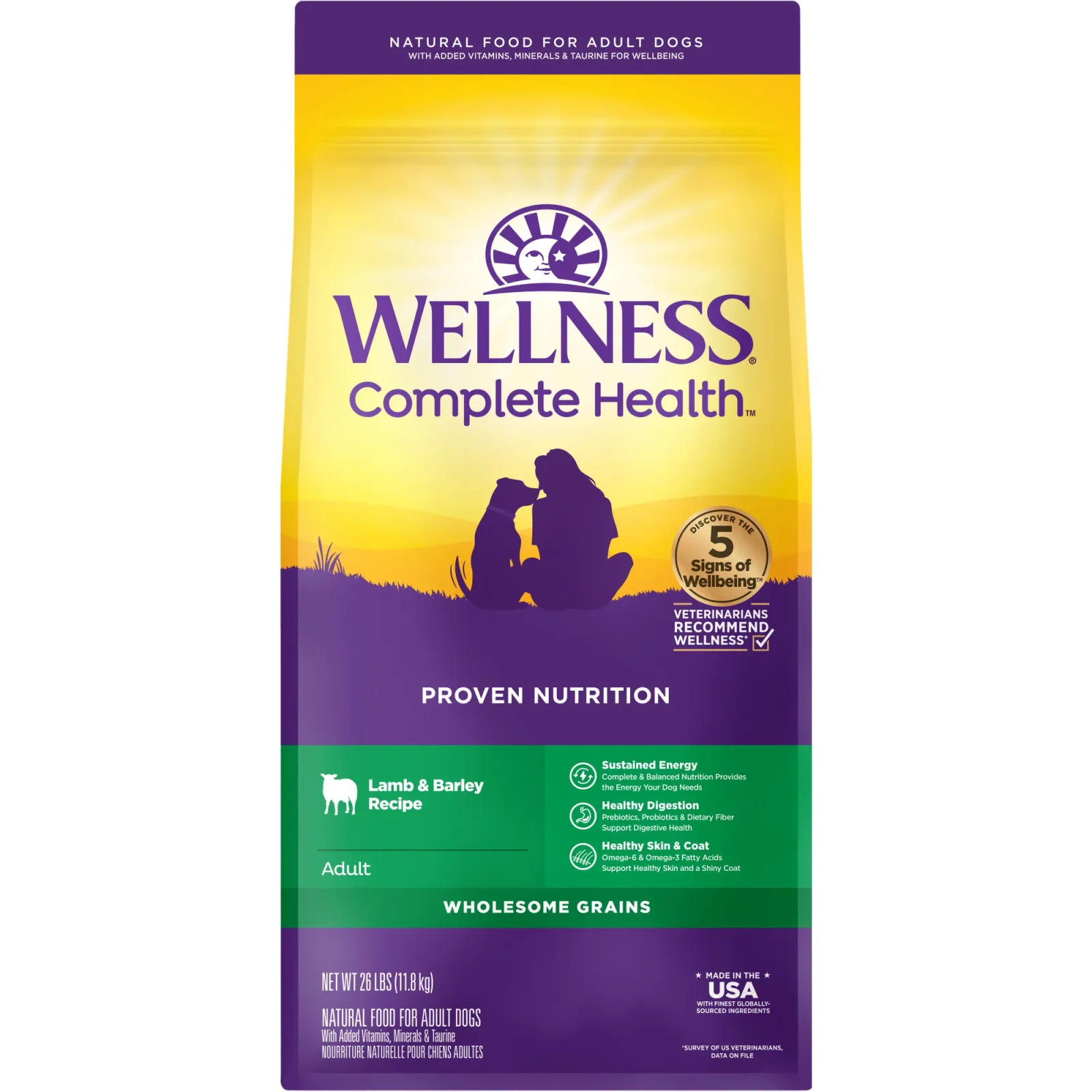 Wellness Complete Health Dry Dog Food, Wholesome Grains, Natural, Lamb & Barley Recipe, (26-Pound Bag)