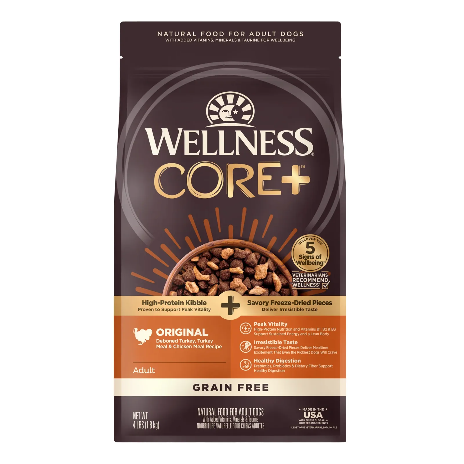 Wellness CORE+ (Formerly RawRev) Dry Dog Food with Freeze Dried Pieces, Grain Free, High Protein, Natural, Original Turkey & Chicken Recipe, (4-Pound Bag)
