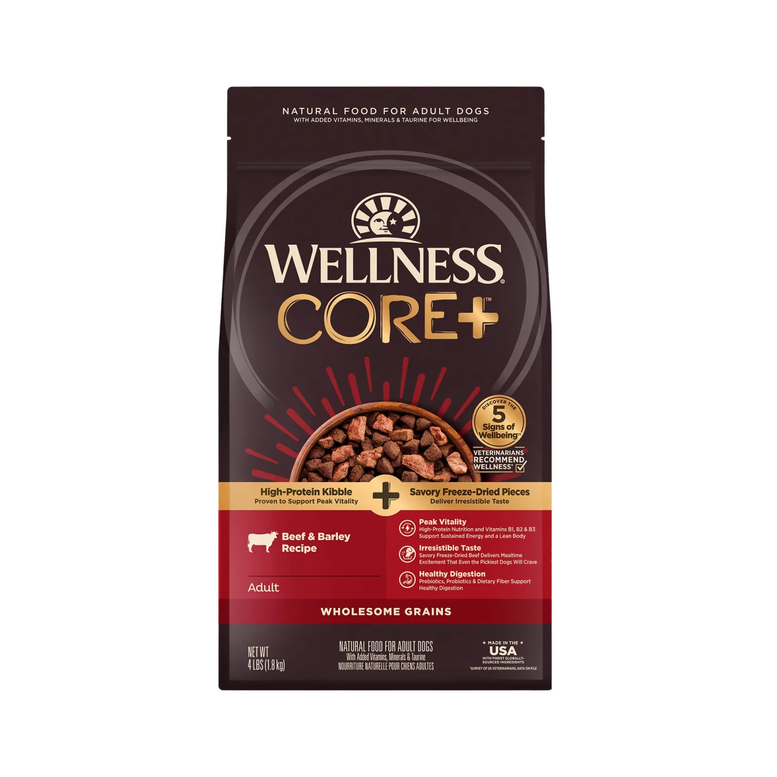 Wellness CORE+ (Formerly RawRev) Dry Dog Food with Freeze Dried Pieces, Wholesome Grains, High Protein, Natural, Beef & Barley Recipe, (4-Pound Bag)