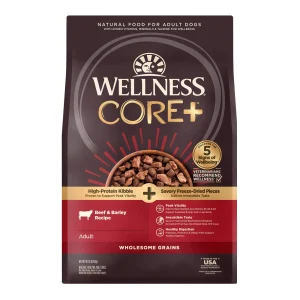 Wellness CORE+ (Formerly RawRev) Dry Dog Food with Freeze Dried Pieces, Wholesome Grains, High Protein, Natural, Beef & Barley Recipe, (18-Pound Bag)