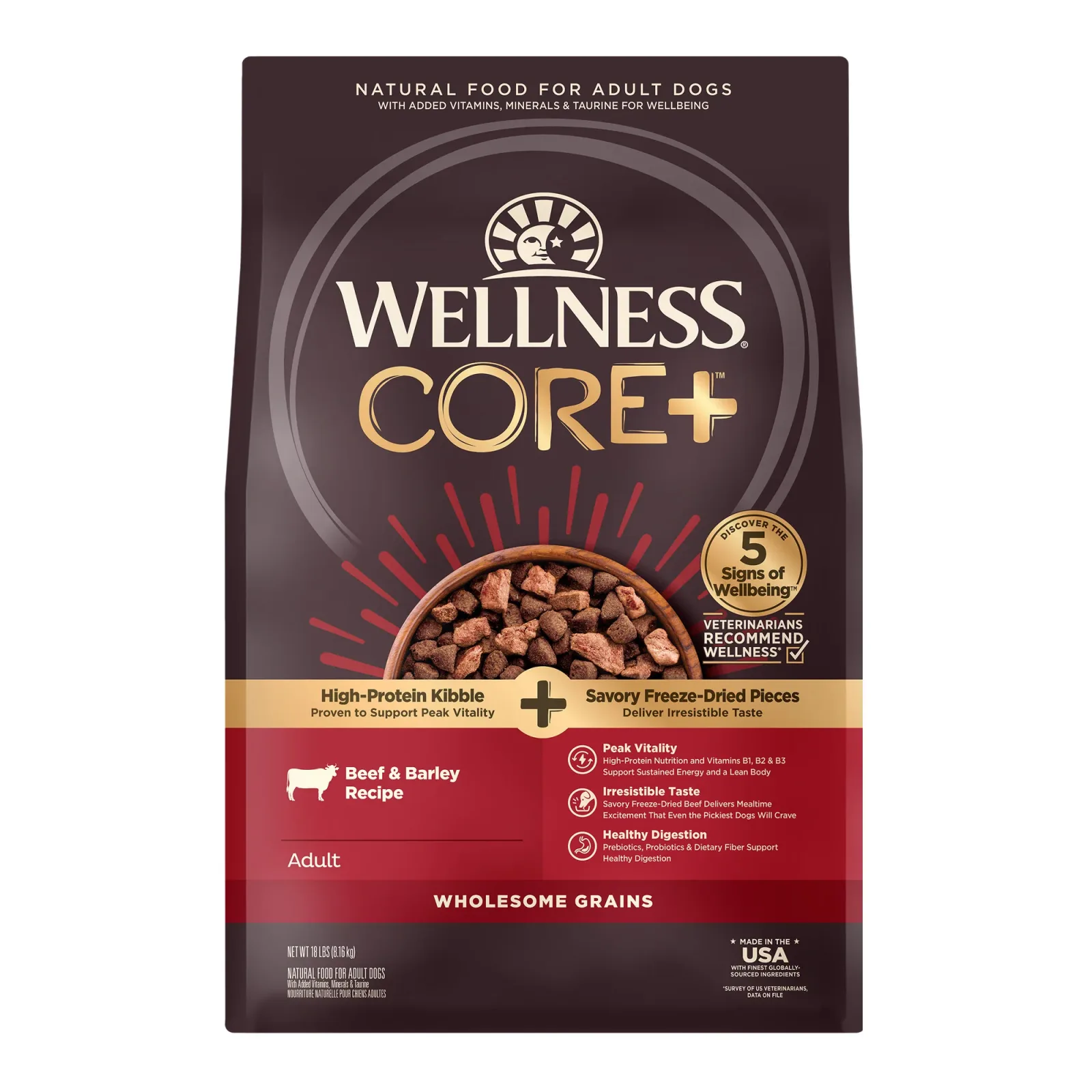 Wellness CORE+ (Formerly RawRev) Dry Dog Food with Freeze Dried Pieces, Wholesome Grains, High Protein, Natural, Beef & Barley Recipe, (18-Pound Bag)