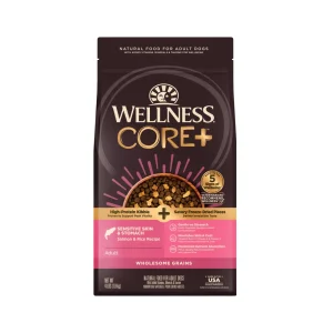 Wellness CORE+ Sensitive Skin & Stomach Dry Dog Food with Freeze Dried Pieces, Wholesome Grains, High Protein, Natural, Salmon & Rice Recipe, (4-Pound Bag)