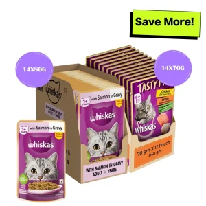 Whiskas Salmon in Gravy Meal and Chicken With Salmon Wakame Seaweed in Gravy Tasty Mix Adult Cat Wet Food Combo