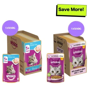 Whiskas Salmon in Gravy Meal and Ocean Fish Adult Cat Wet Food Combo